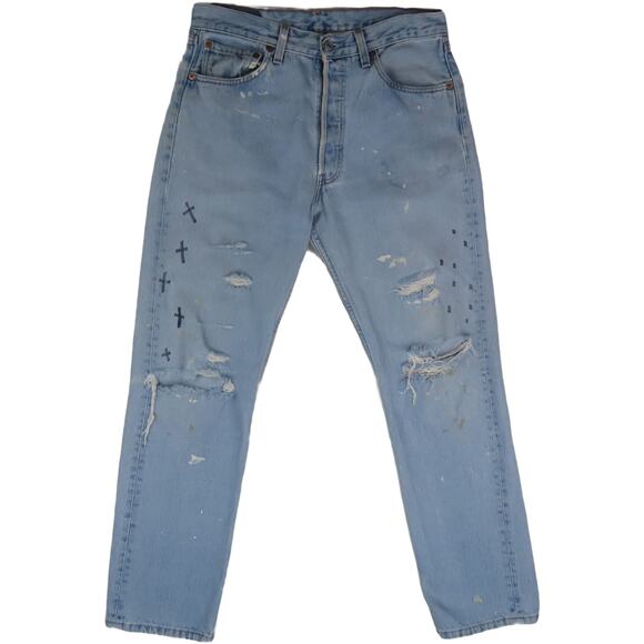 90s Vintage Levi's 501 Light Wash High Waisted Boho Festival Mom Denim Jeans 32 - Picture 7 of 10